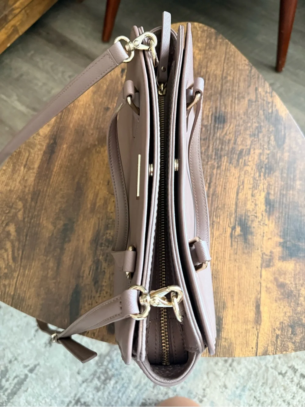 kate spade taupe mauve leather satchel with gold hardware